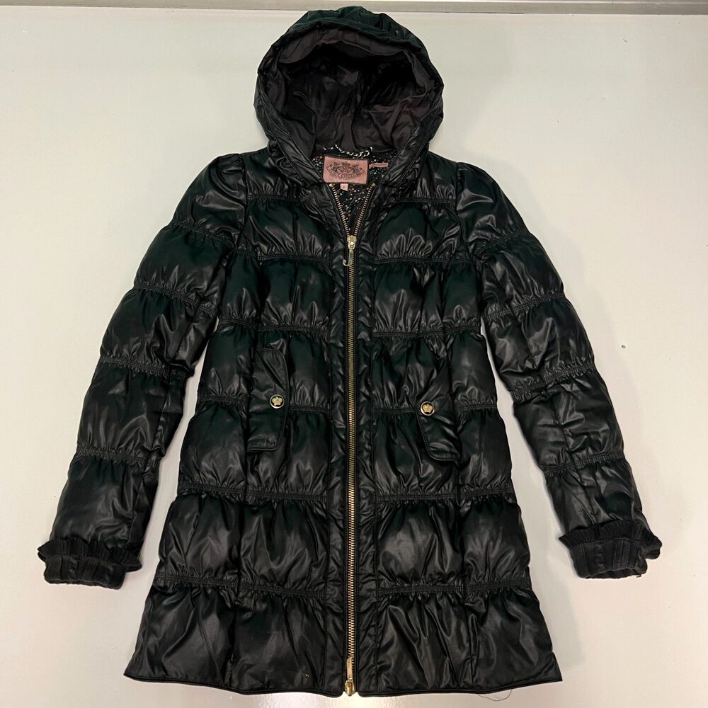 Juicy Couture Womens Hooded Puffer Bomber Jacket Y2K Fashion Black Sz M petite